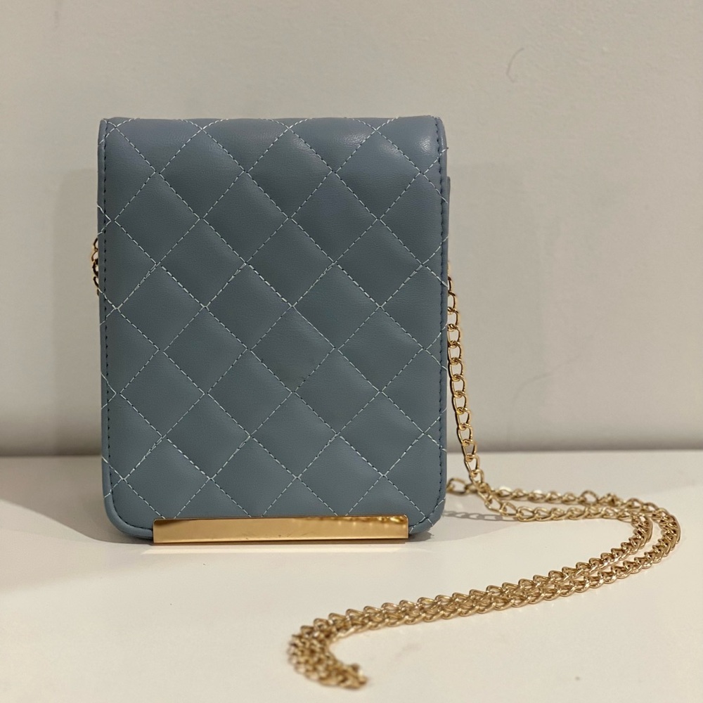 Diamond Quilted Powder Blue Mini Bag with Chain Link Strap